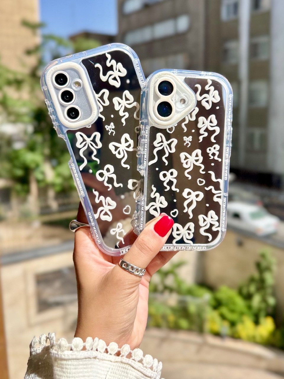 قاب گوشی آیفون سامسونگ و شیائومی مدل پاپیون سفید آینه ای